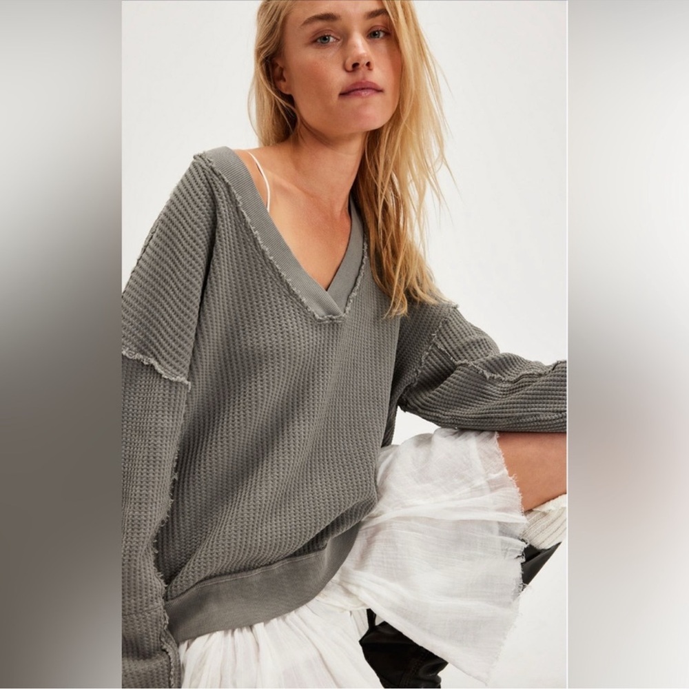 FREE PEOPLE We The Free Ricky Thermal V Neck Top in Fallen Rock